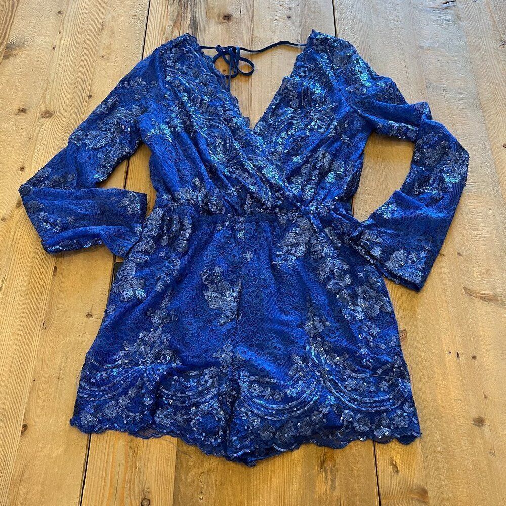 Bebe Royal Blue Hand Embellished Scalloped Romper Size Medium NWT